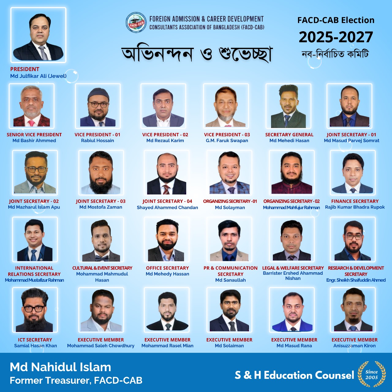 মো. জুলফিকার আলী জুয়েল প্রেসিডেন্ট, মো. বশির আহম্মেদ সিনিয়র ভাইস প্রেসিডেন্ট ও মো. মেহেদী হাসান সাধারণ সম্পাদক নির্বাচিত